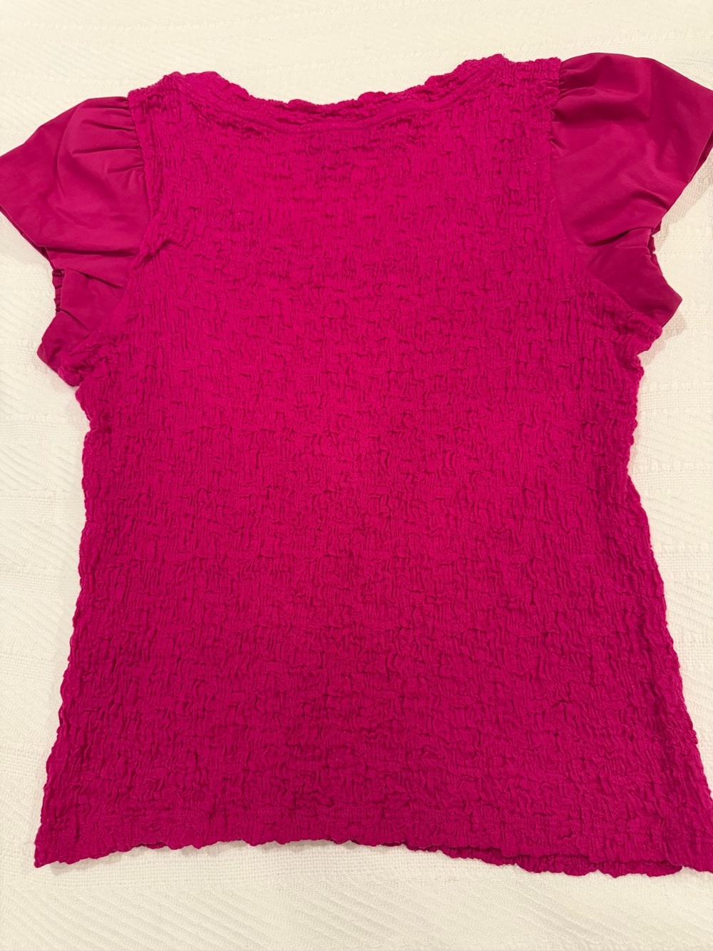 DKNY Hot Pink Crinkle Texture Top | Puff Sleeve Stretch Blouse | Size Small - Picture 6 of 6